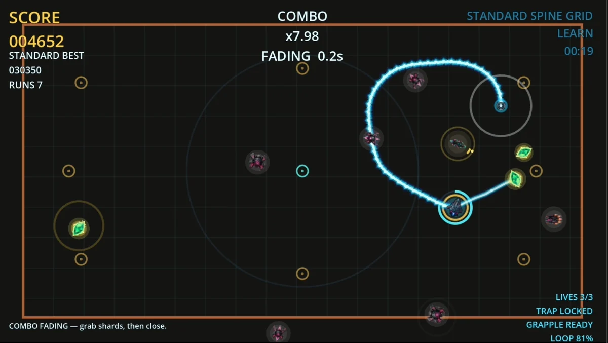 Grapple Grid gameplay showing a combo fading situation with chained grapples, shards, and score state