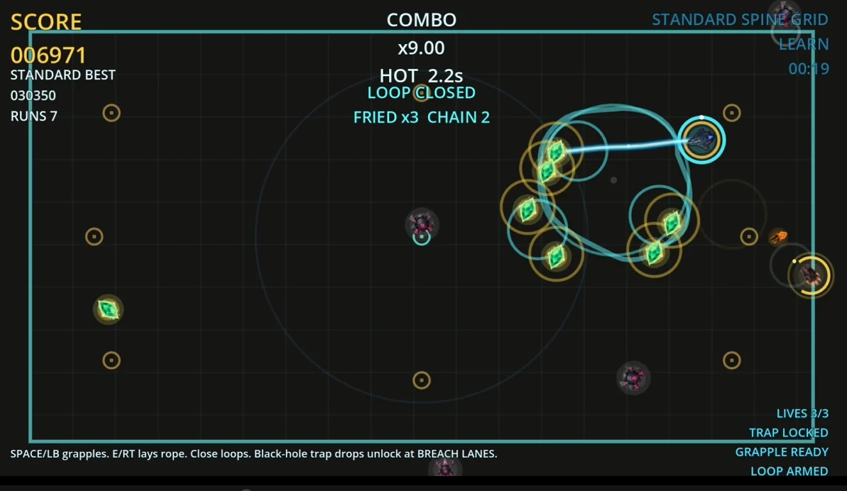 Grapple Grid gameplay showing a closed loop, shard chain, and active combo state