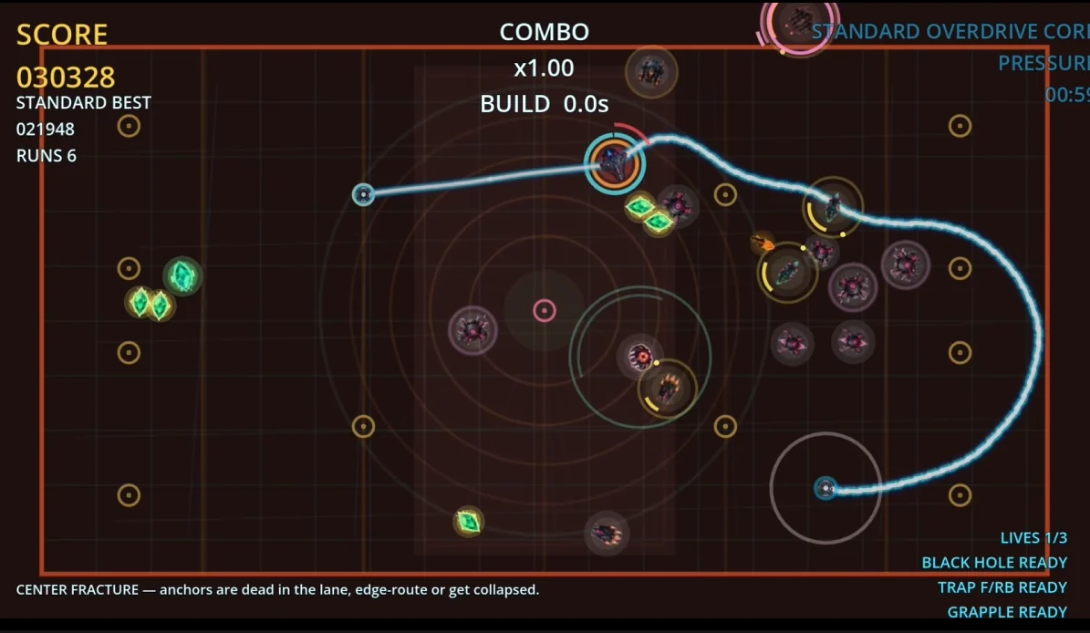 Grapple Grid gameplay showing a dense overdrive pressure arena with enemies, grapples, and black hole readiness