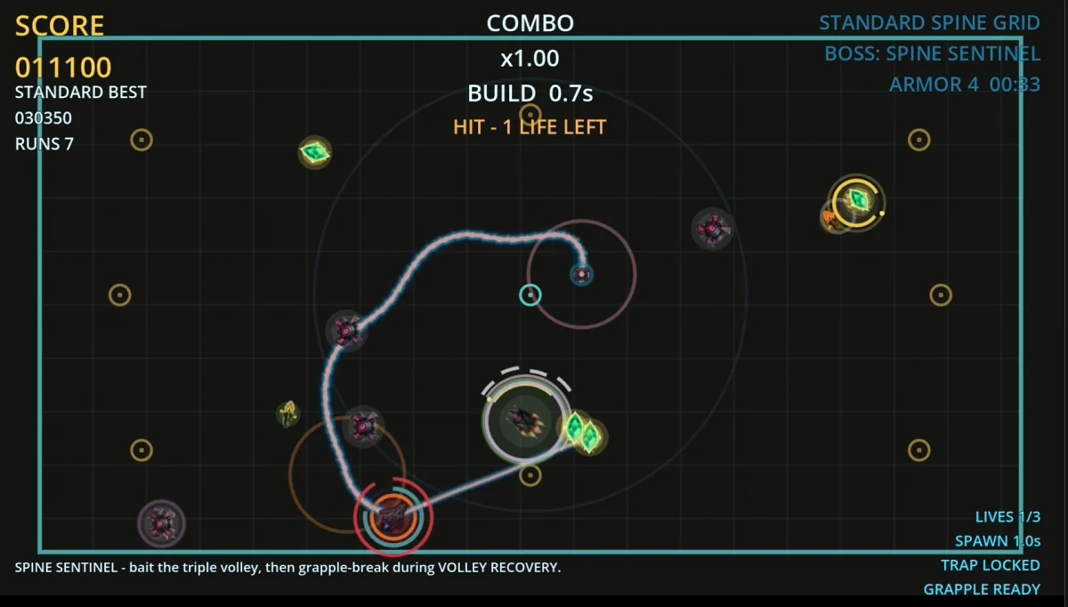 Grapple Grid boss gameplay showing the Spine Sentinel encounter and grapple break timing