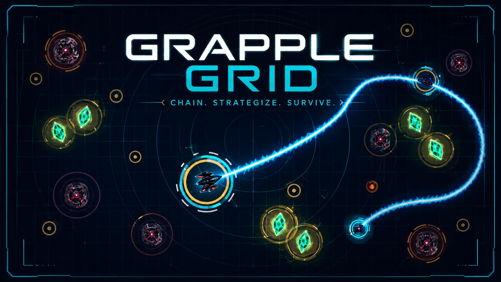 Grapple Grid key art showing a neon grappling path across a tactical grid