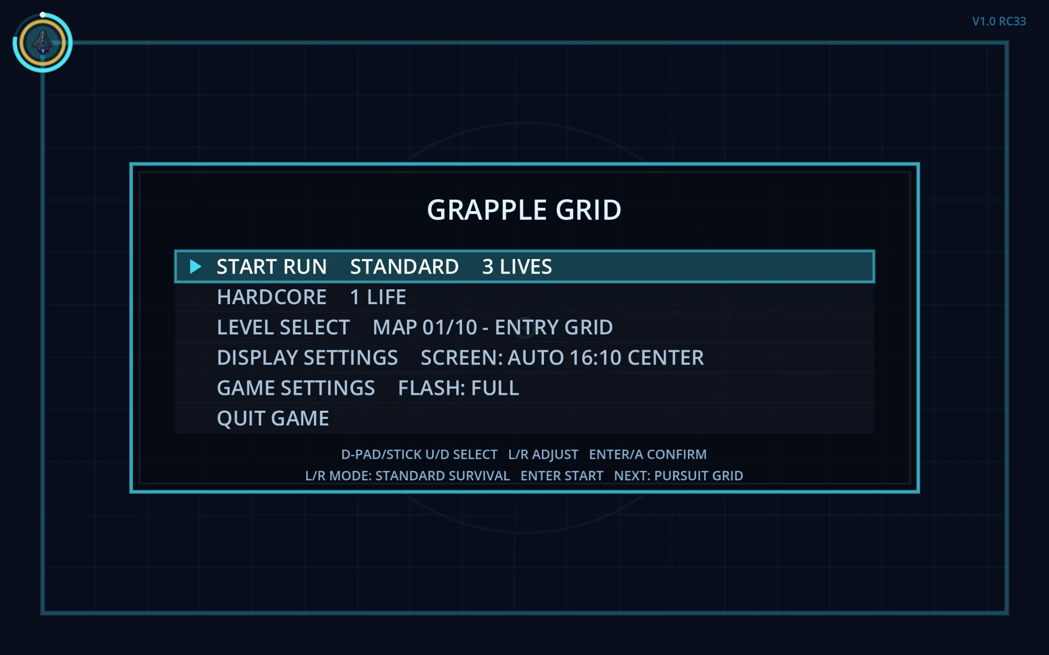 Grapple Grid menu showing standard run options and level select