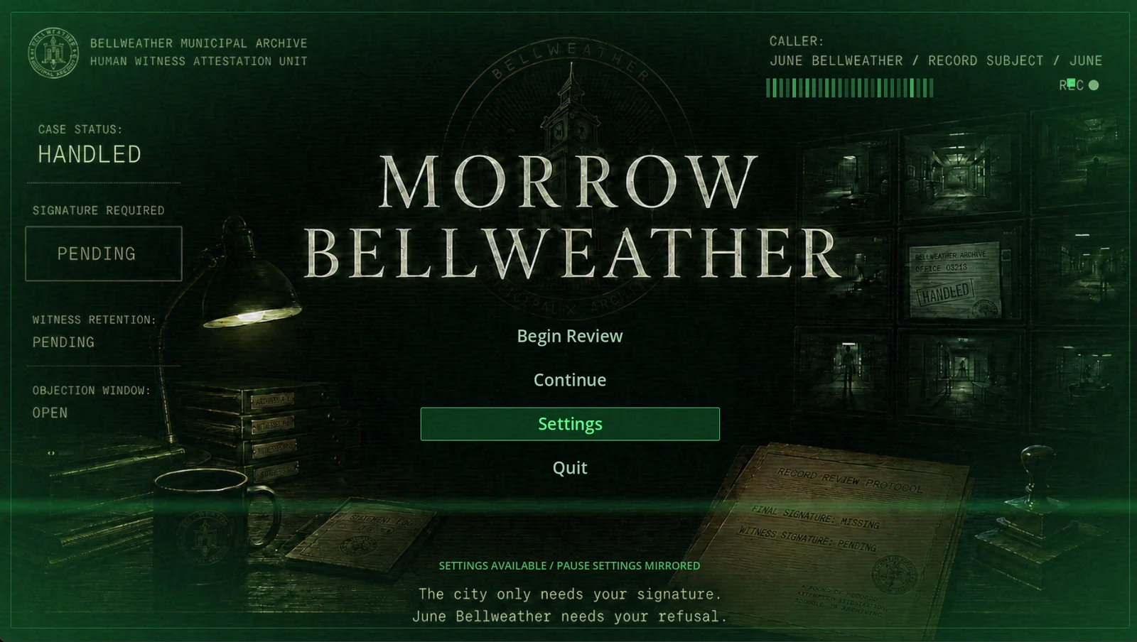 Morrow Bellweather title screen showing the Bellweather Municipal Archive interface