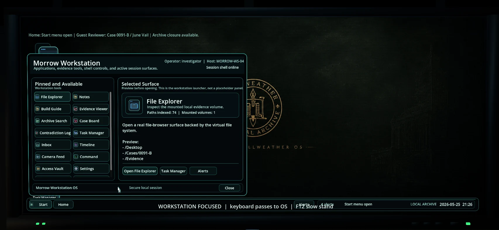 Morrow Bellweather workstation launcher showing evidence tools, archive search, contradiction log, task manager, and session shell controls