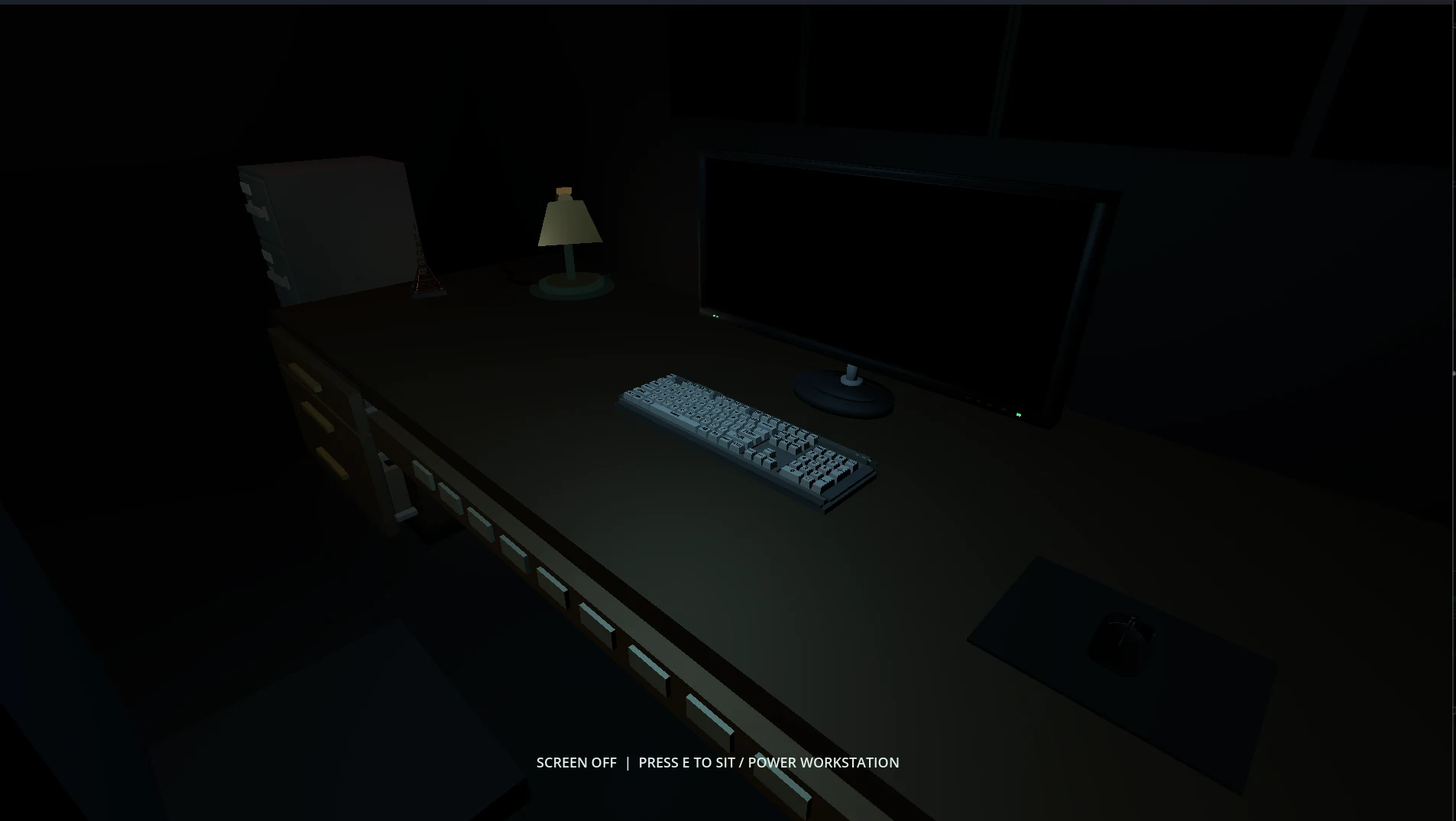Morrow Bellweather dark workstation desk view with monitor, keyboard, lamp, archive box, and seated interaction prompt